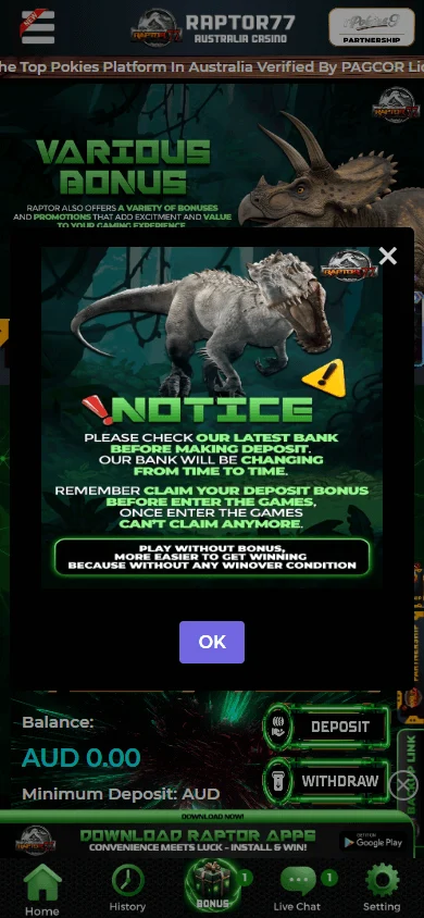 Raptor77 Casino home interface on a mobile device