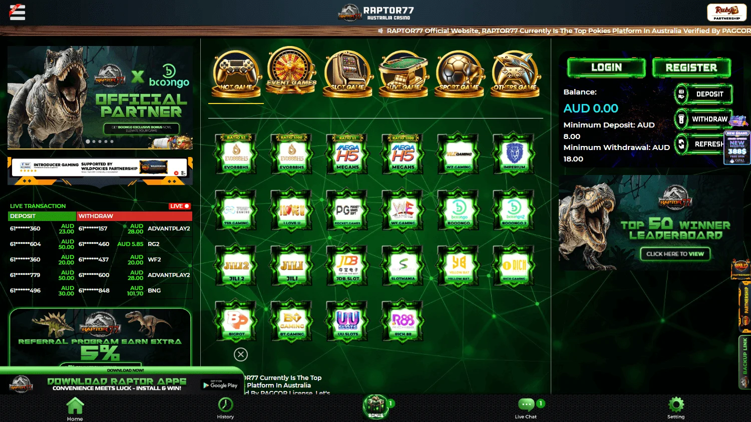 Raptor77 Casino home interface on desktop