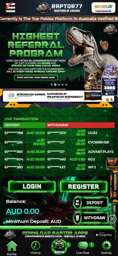 Raptor77 Casino promotions interface on a mobile device