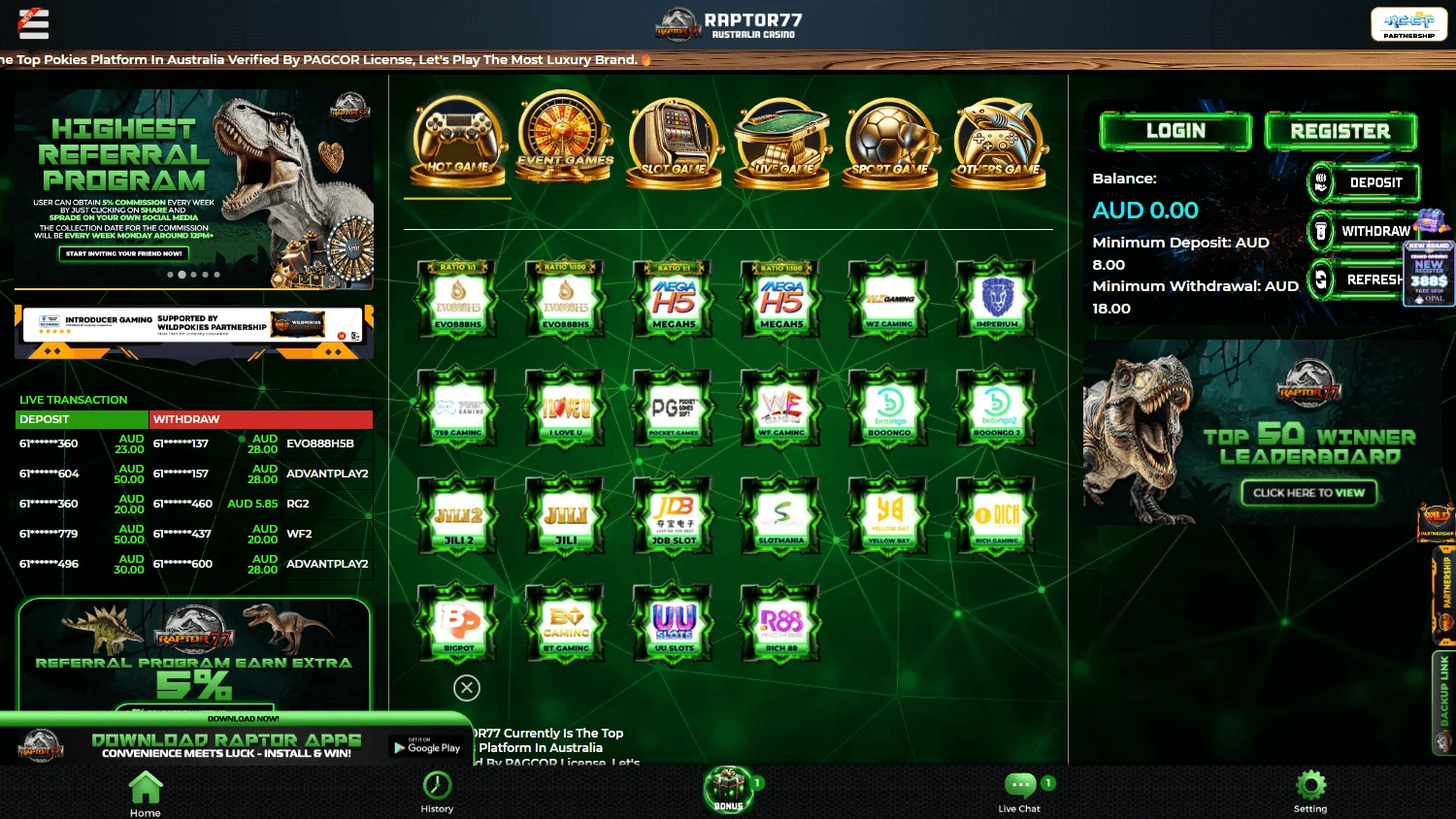 Raptor77 Casino promotions interface on desktop